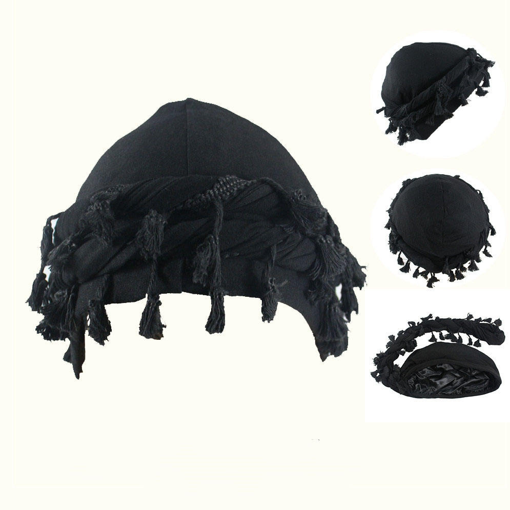 Street Style Hip Pop Mens Dreadlock Double Layered Satin Silk Lined Halo Turban Durag Skull Cap with Tassels