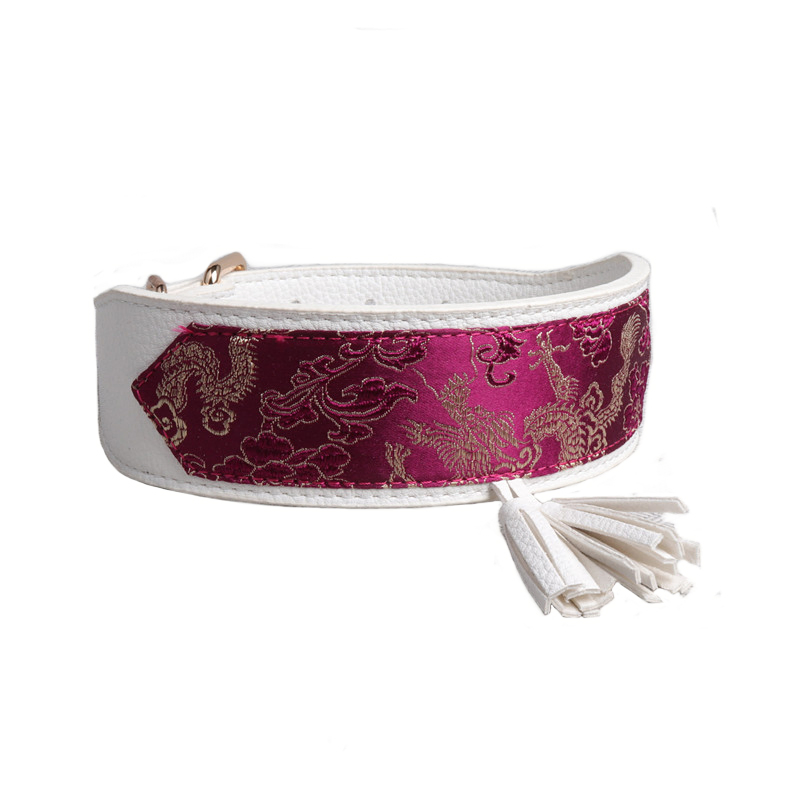 Hot Sale Custom Logo Soft Adjustable Pure White Luxury Leather Dog Collar Red Silk Jacquard Ribbon Fabric Pet Collar with Tassel