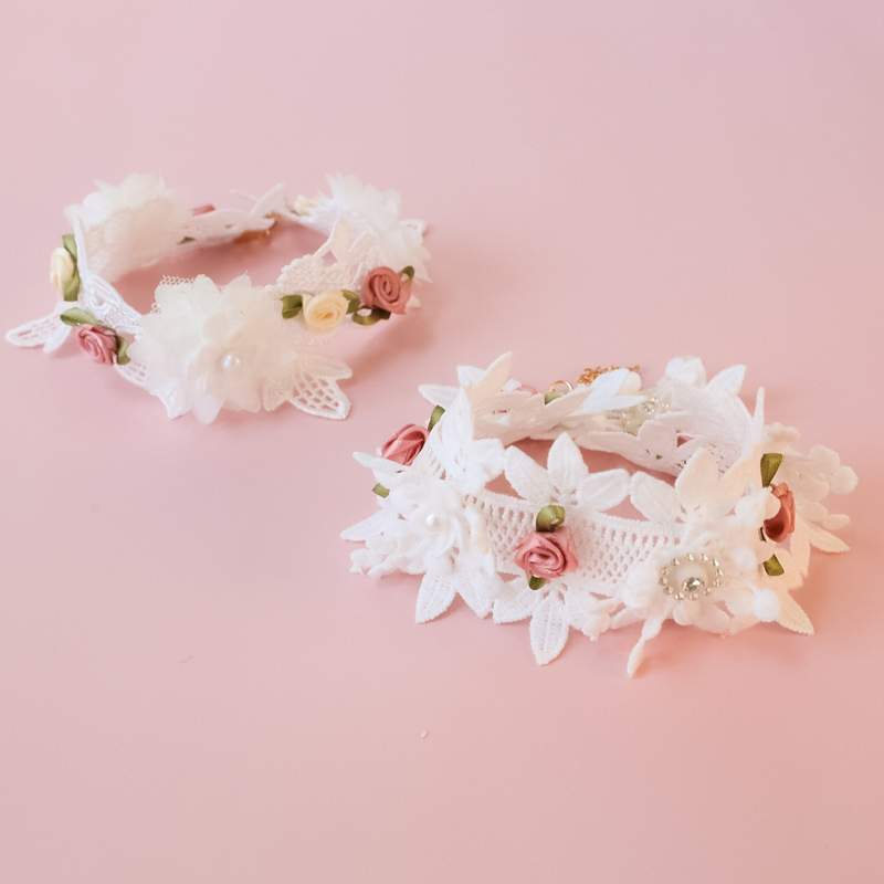 Pet Collar Kitten Cat Dog Accessories Lace Bow Vintage Rose Flowers