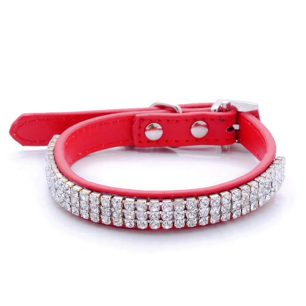 Adjustable PU Leather Pet Dog Collar with Bling Shiny Diamonds for Various Dogs