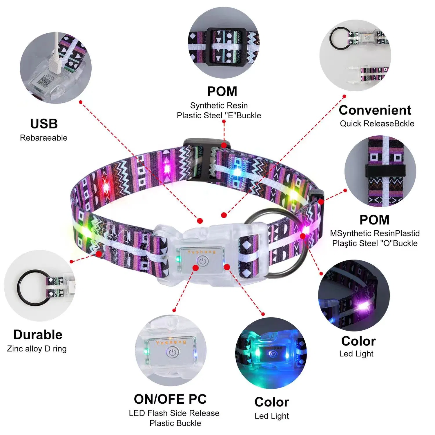 USB Chargeable Flshing Christmas Light up Dog Collar LED Night Anti-Lost Dog Collar Glow in The Dark PVC Dog Collar Leash