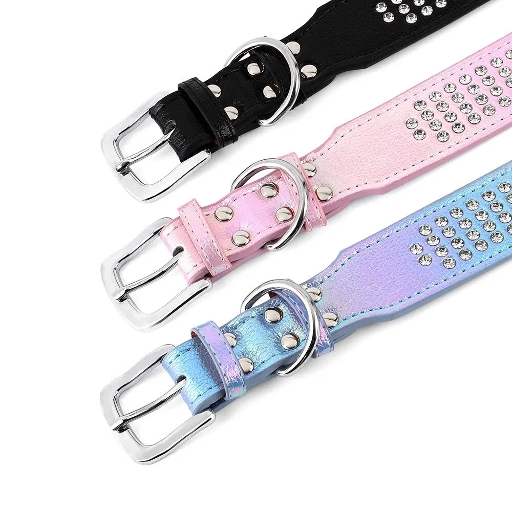Luxury Leather Colorful Pet Collar Padded Bling Diamonds Rhinestone Dog Collar