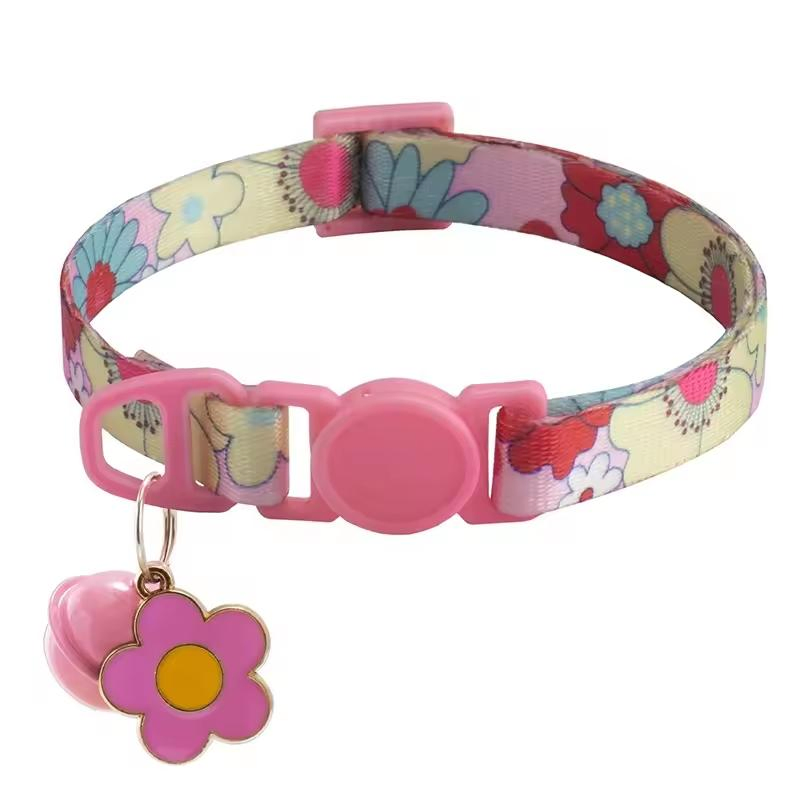 Wholesale Multi-Colors Printing Adjustable Polyester Pet Cat Puppy Collar with Bells and Floral Pendant