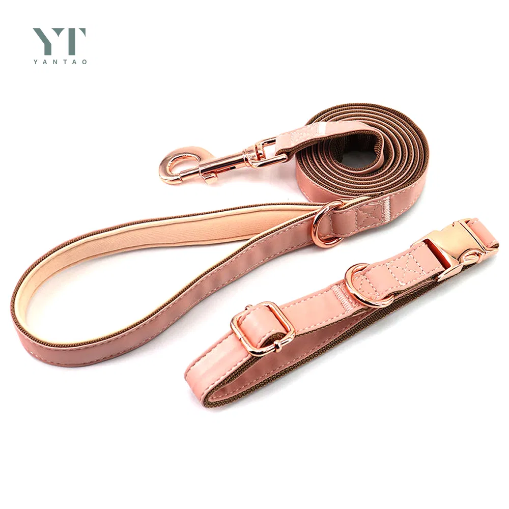 High Quality Custom Logo and Color PU Leather Dog Harness and Leash Set Adjustable Fashion Pink and Yellow Leather Pet Harness with Metal Buckle