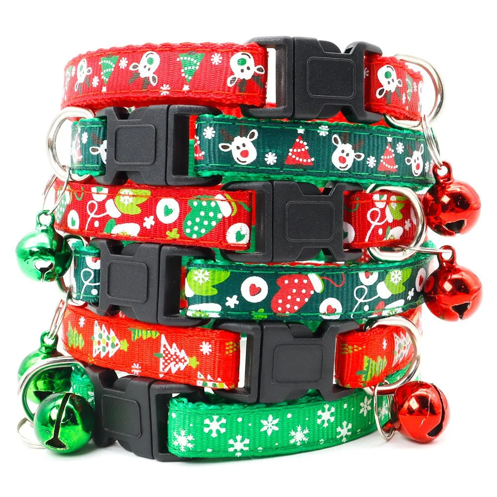 Custom Christmas Print Small Necklace Polyester Small Pet Cat Collar with Bell