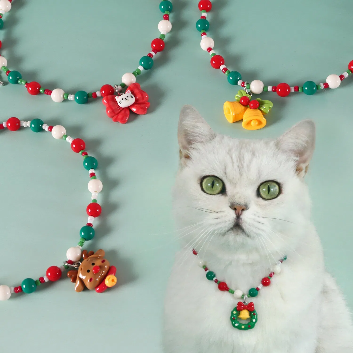 Christmas Pet Collar Set with Bell Bow Reindeer Pendant - Festive Dog Cat Necklace