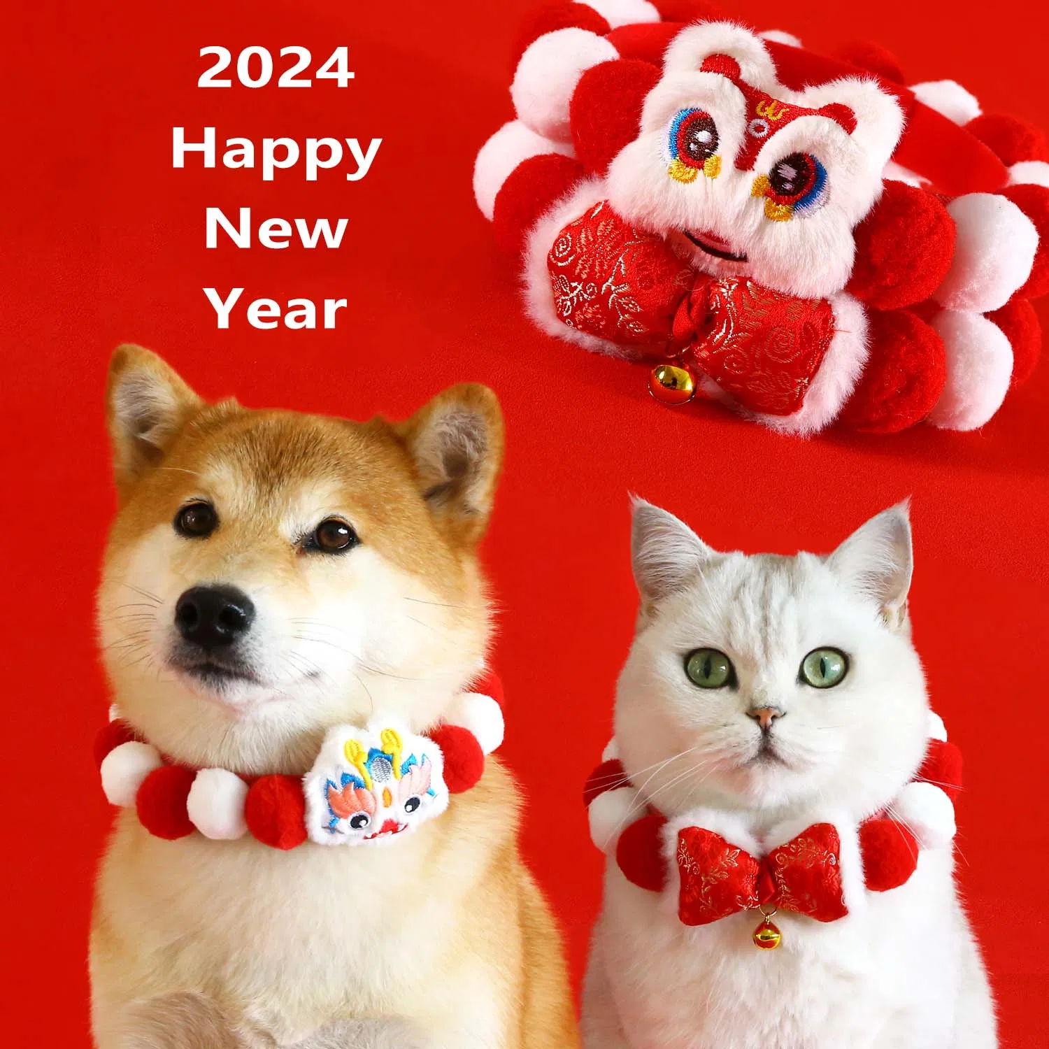 Chinese New Year Costume for Pet Velvet Red Bowknot Cat Collars with Bells Breakaway
