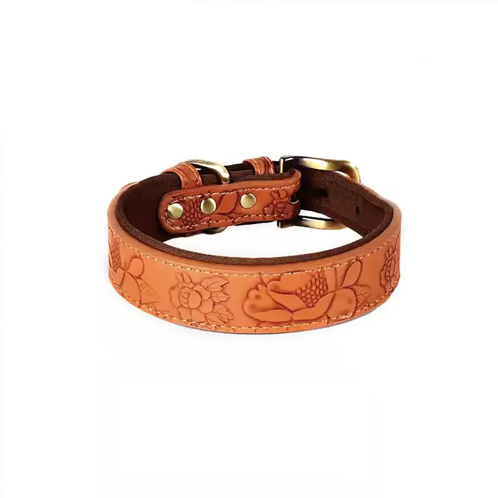 Adjustable Embossing Print Leather Dog Collar with Soft Neoprene Padded Comfort and Fashion for Daily Training Patrol Hiking