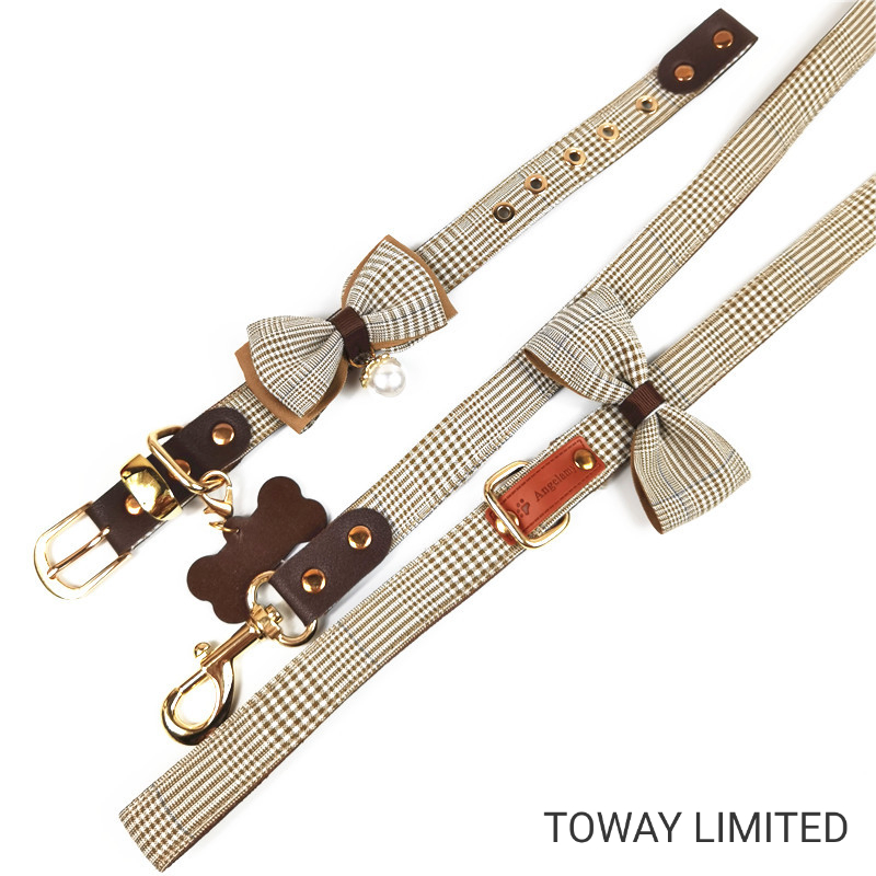 Design Classic Pet Accessories Grid Dog Bowknot Collars with Leash
