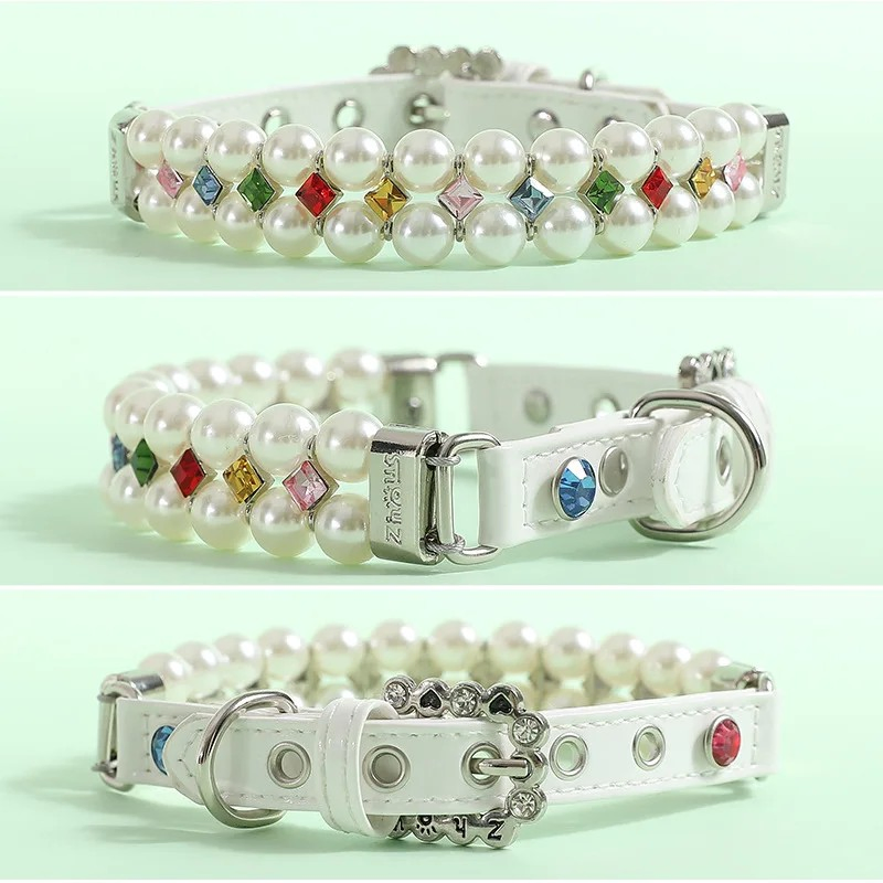 Pet Collar Pet Leash PU Leather Delicate Imitation Pearl Dog Pearl Collars Built in Wire Rope for Dog Cat Collar Chain Leash Set