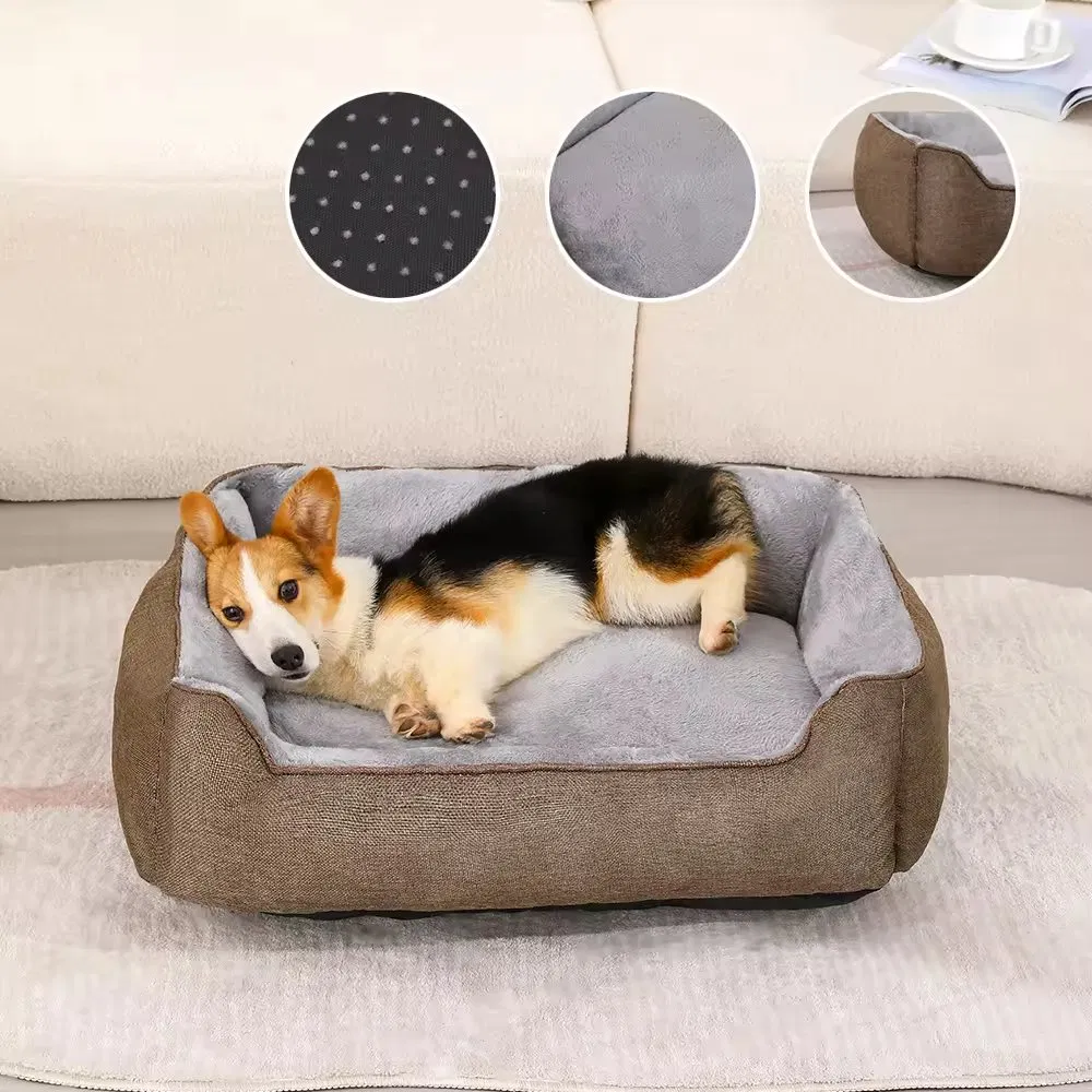 Modern Square Flax Raised Portable Dog &amp; Cat Bed Comfortable All-Season Thickened Removable Pet Bed
