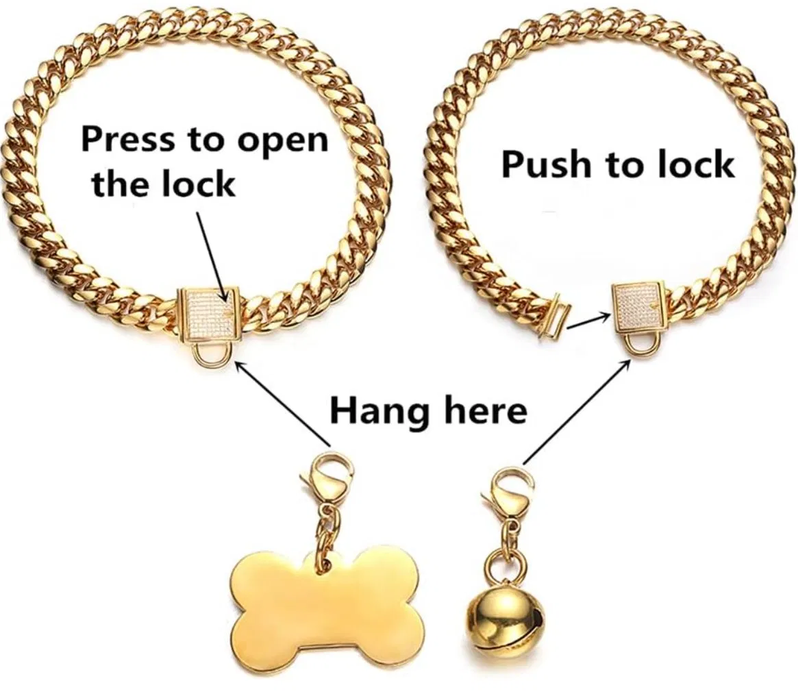 Gold Dog Collar with Dog ID Tag and Bell Cubic Zirconia Locking