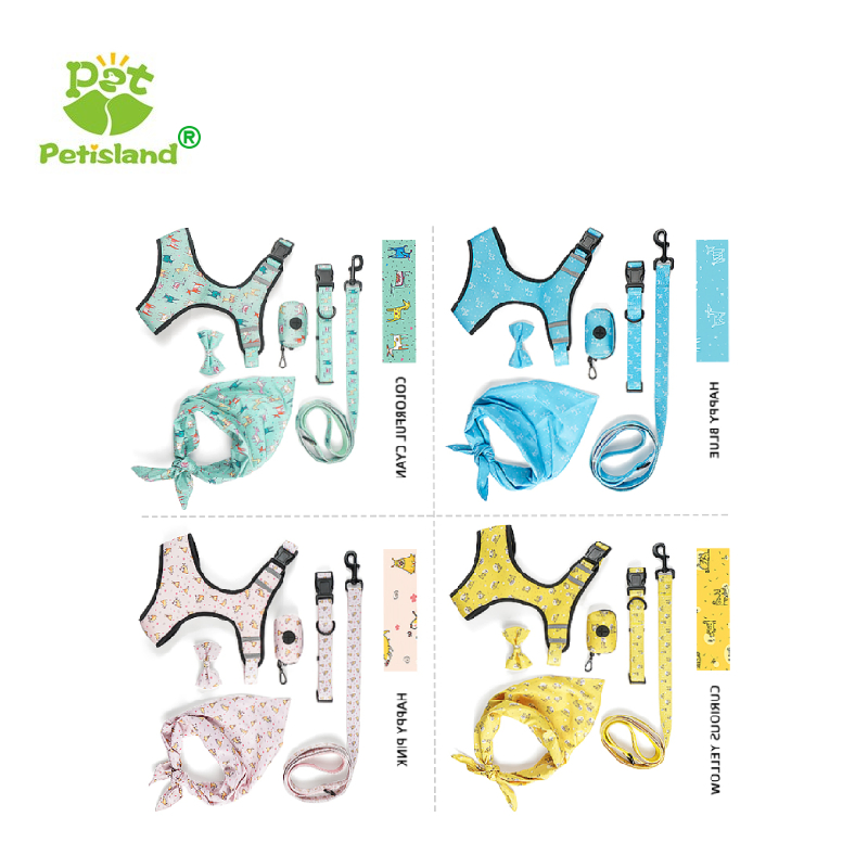 Petisland Factory Manufacturers Designer Custom Pet Clothes Luxury Printed Mesh 6 in 1 Reversible Pet Clothing OEM ODM Dog Harness Leash Bandana Collar Set