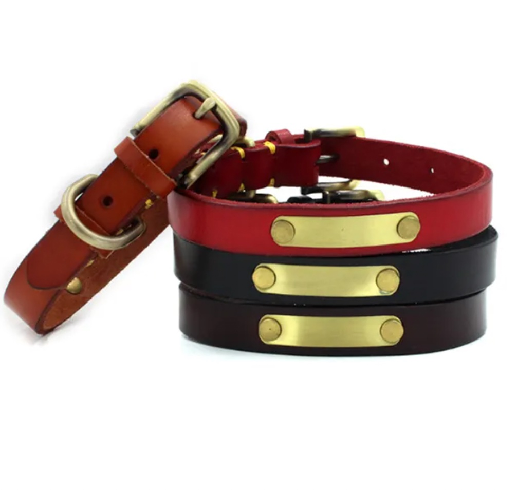 Personalized Strong Durable Genuine Leather Pet Dog Collar with Engraved Tag