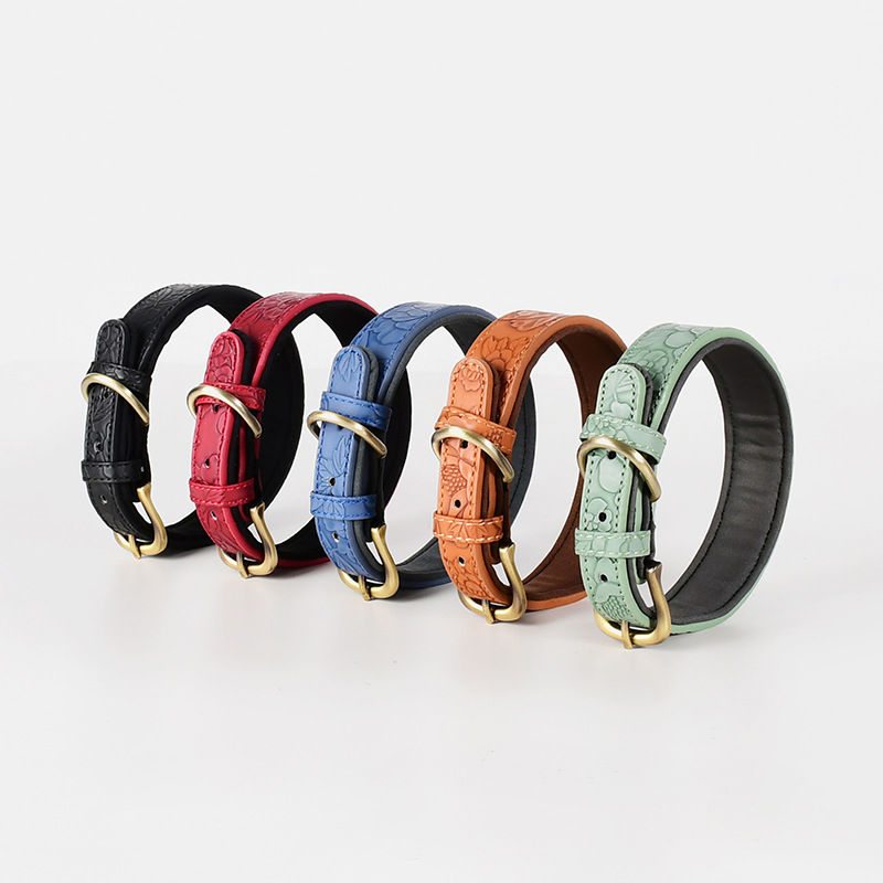 Vintage Flora Adjustable Leather Dog Collar, Dog Collar with Metal Buckle Soft Durable