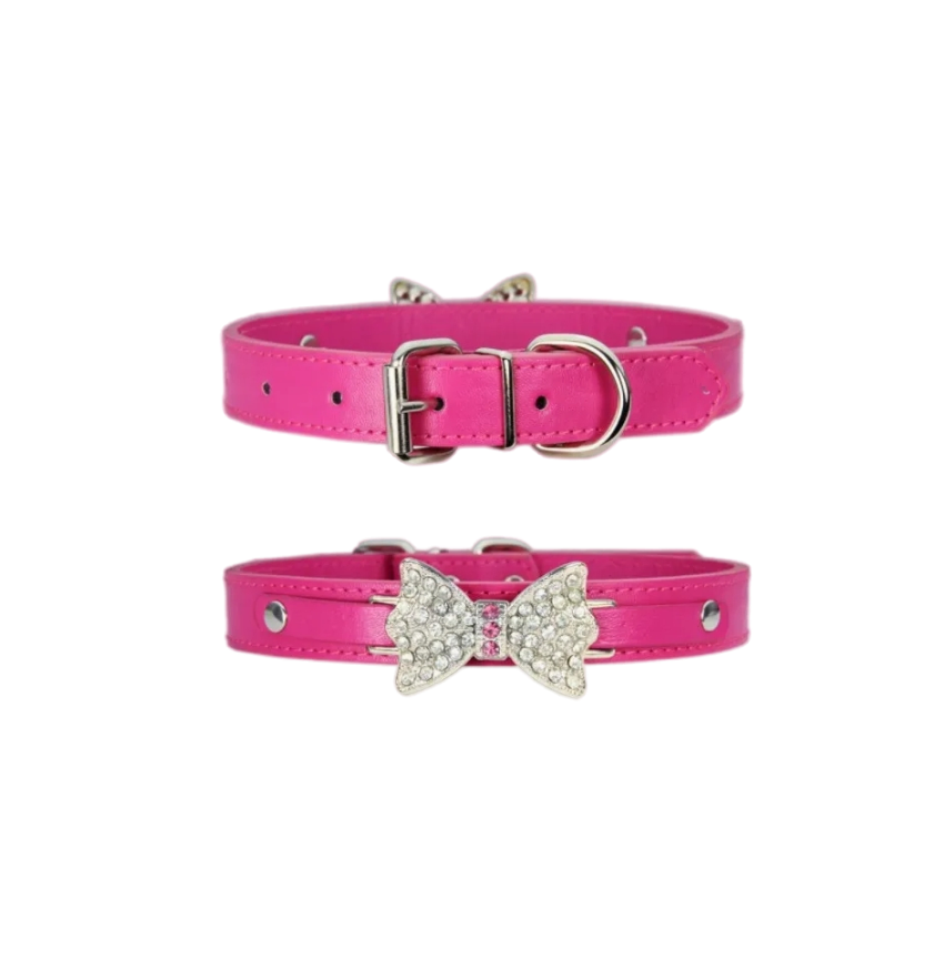 Bling Crystal Dog Collar with Diamond and Leather Bow Design