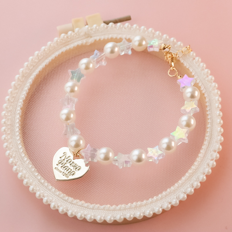 Pet Collar Kitten Dog Bell Pearl Necklace Chain Love Pentagon Star