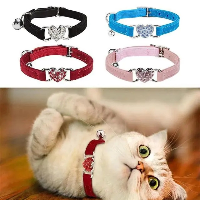 Dog Collar Crystal Elastic Collar Velvet Bell Heart Shape Pet Necklacce Soft Bell Stretch Pet Puppy Collars