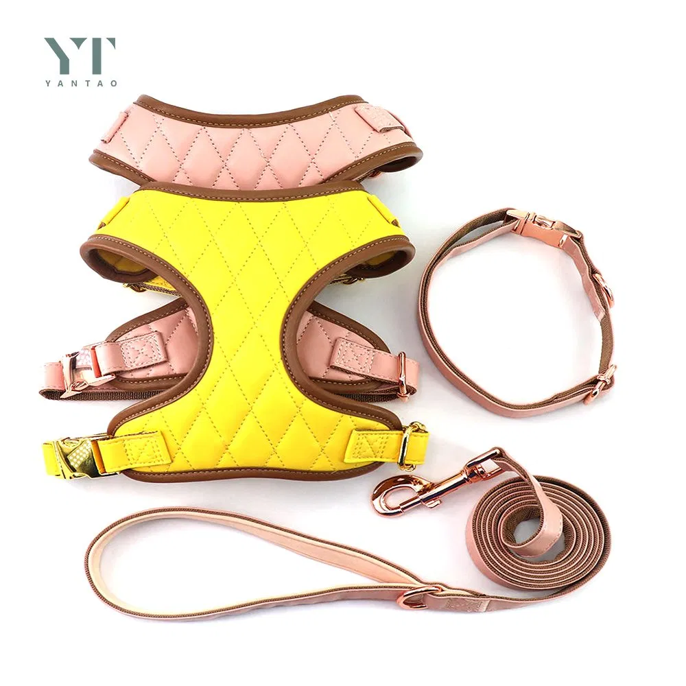 High Quality Custom Logo and Color PU Leather Dog Harness and Leash Set Adjustable Fashion Pink and Yellow Leather Pet Harness with Metal Buckle