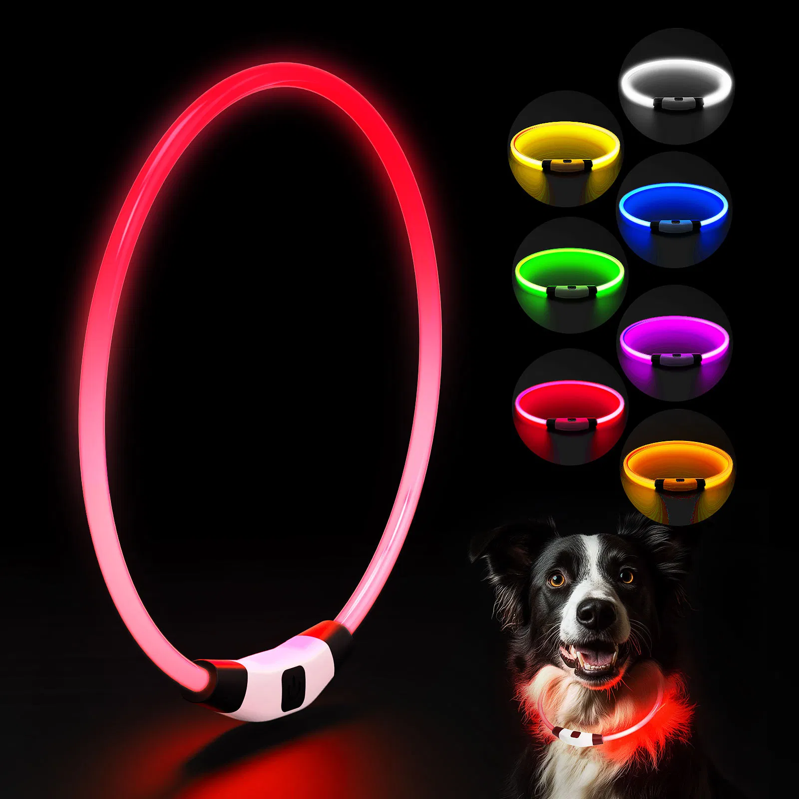 Night Anti-Lost LED Light up Dog Collar TPU Material Efficient Light Transmission Rechargeable Waterproof Pet Cat Dog Collar