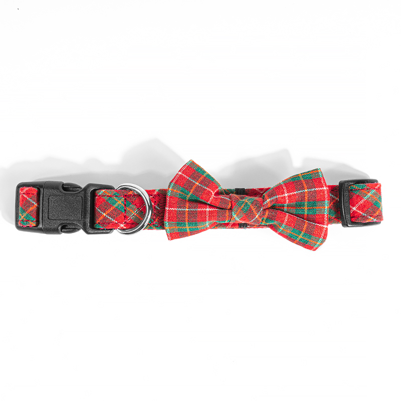 China Pet Supply Dog Products Black POM Buckle Plaid Dog Collar with Bowknot Bowtie