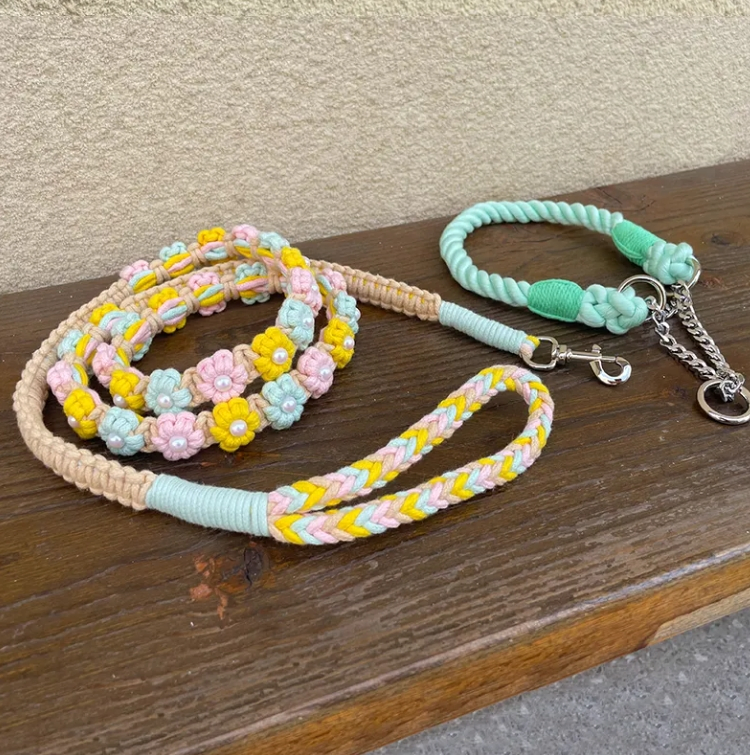 Custom Stocked Collection Handmade Daisy Flower Dog Leash Collar Eco-Friendly Rope Pet Leads Gift for Wedding Dog Macrame String