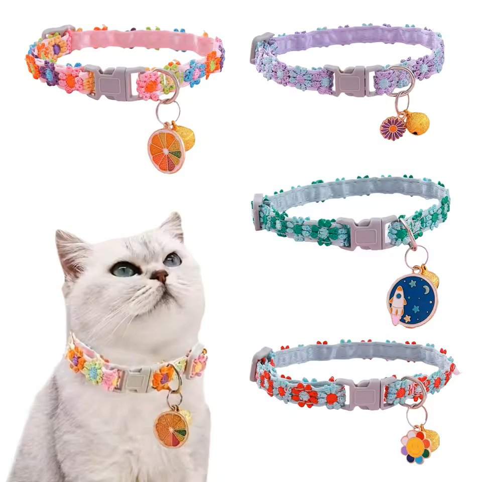 Cat Pet Collar with Bells Soft Satin Metal Heart Charms for Dogs Cats
