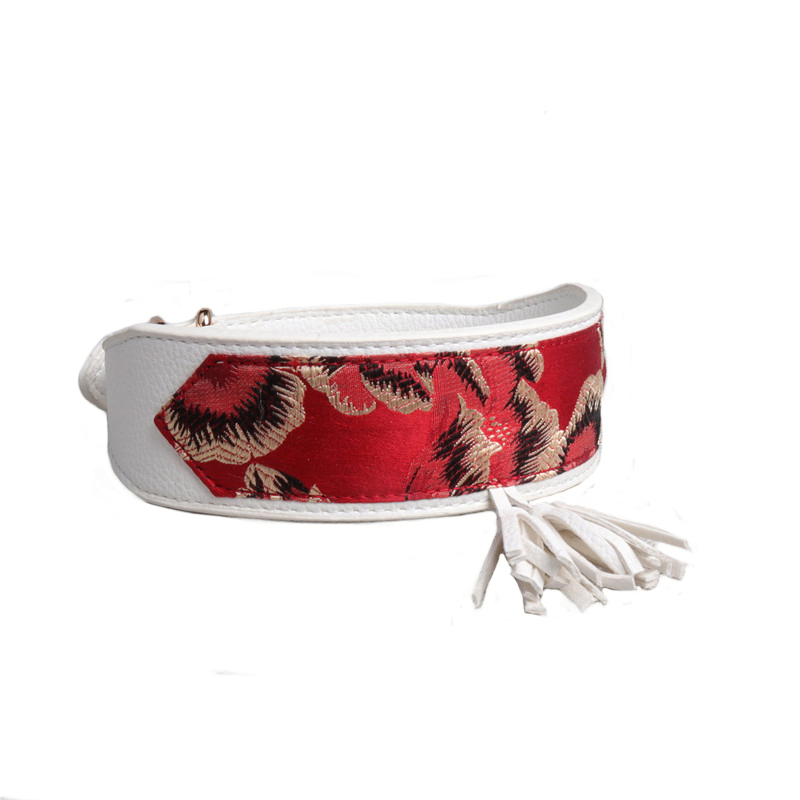 Hot Sale Custom Logo Soft Adjustable Pure White Luxury Leather Dog Collar Red Silk Jacquard Ribbon Fabric Pet Collar with Tassel