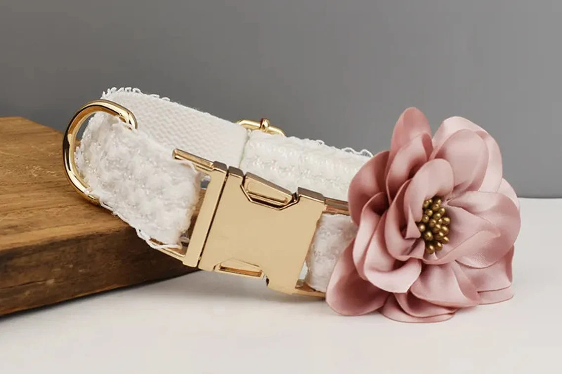 Custom White Lace Personalized Fancy Wedding Dog Collar or Dog Flower