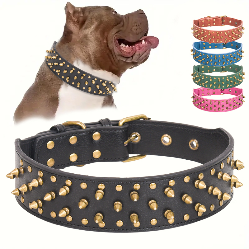 PU Dog Collar Solid Pattern with Rivet Decoration Durable Strong Punk Style for Large Medium Dogs Training Collars