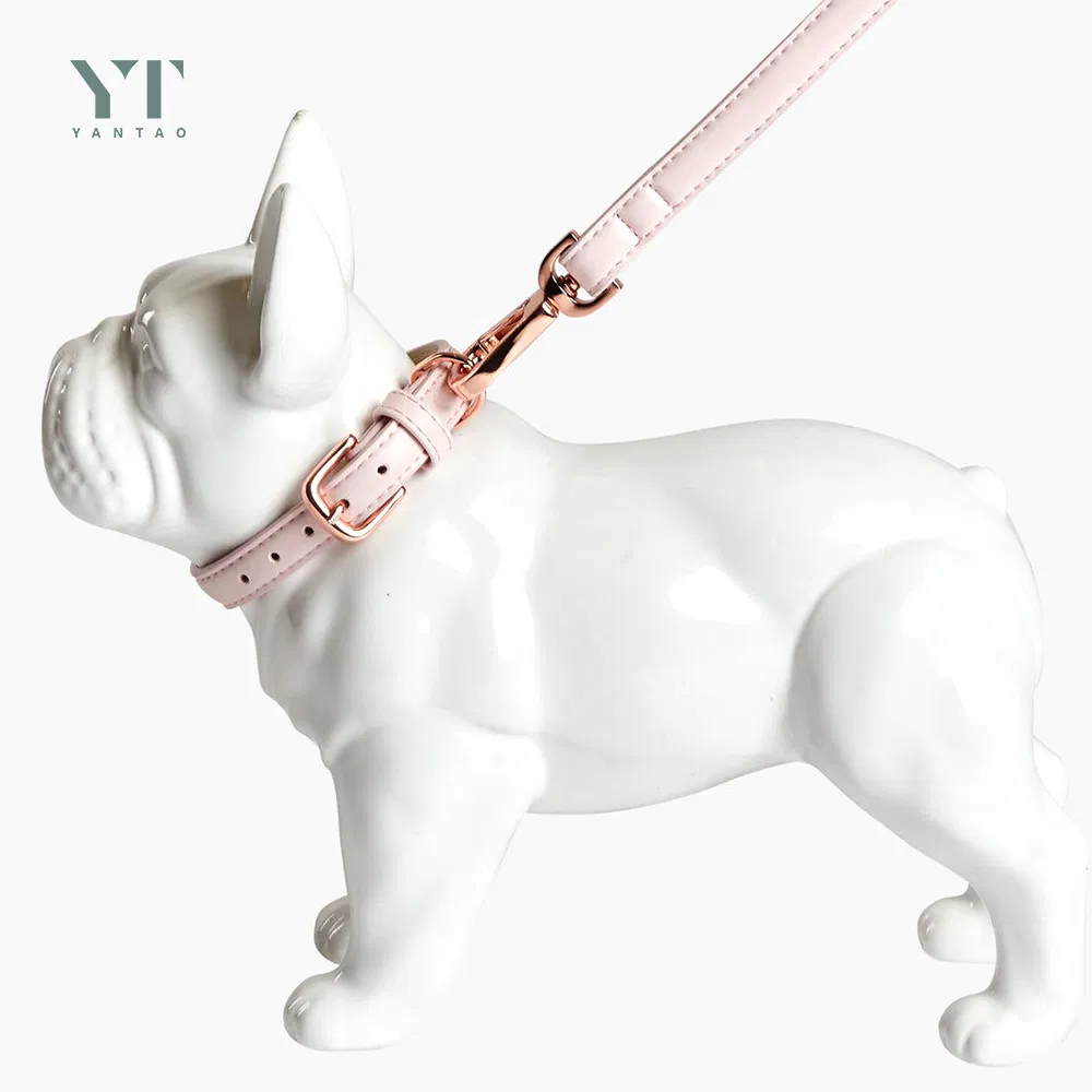 Hot Selling Pet Products Design Pink Vegan Leather Pet Collar and Leash Set Luxury Custom Leather Pet Collar with Rose Metal Buckle