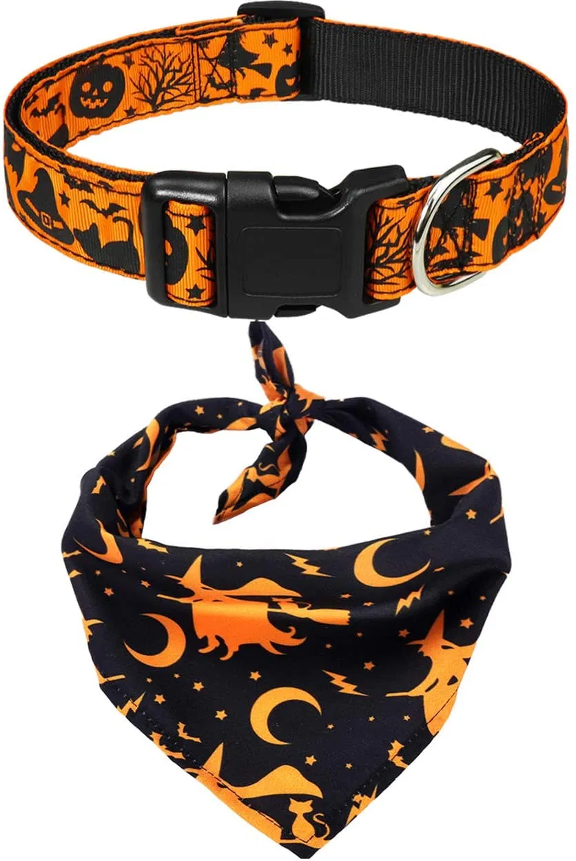 Halloween Dog Bandanas and Collars Set, Pumpkin Witch Ghost Costume Triangle Pet Scarf &amp; Collar