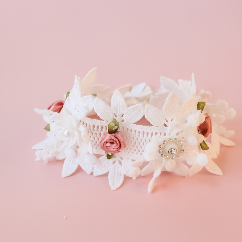 Pet Collar Kitten Cat Dog Accessories Lace Bow Vintage Rose Flowers