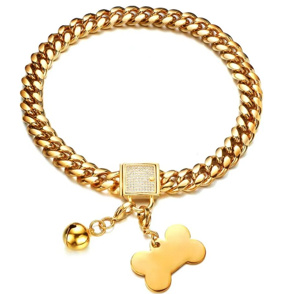 Gold Dog Collar with Dog ID Tag and Bell Cubic Zirconia Locking