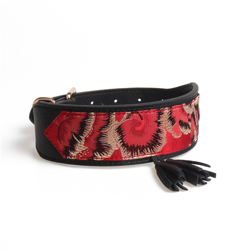 Hot Selling Black Genuine Leather Dog Collar Tassel Decor Pet Collar Metal Hardware with Custom Logo