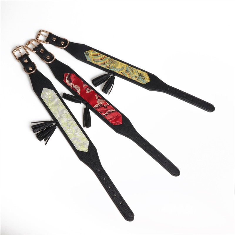 High Quality Custom Designer Silk Jacquard Fabric Pet Collar Tassel Decor Gold Adjustable Leather Dog Collar for Large Dog