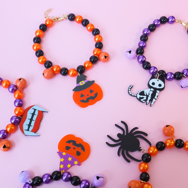 Halloween Pet Collars Cat Dog Pearl Necklace Ornaments Pumpkin Hat Skull Spider