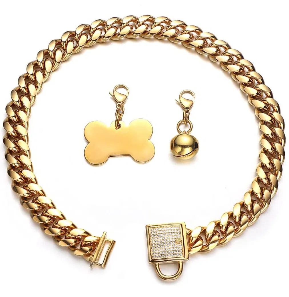 Gold Dog Collar with Dog ID Tag and Bell Cubic Zirconia Locking