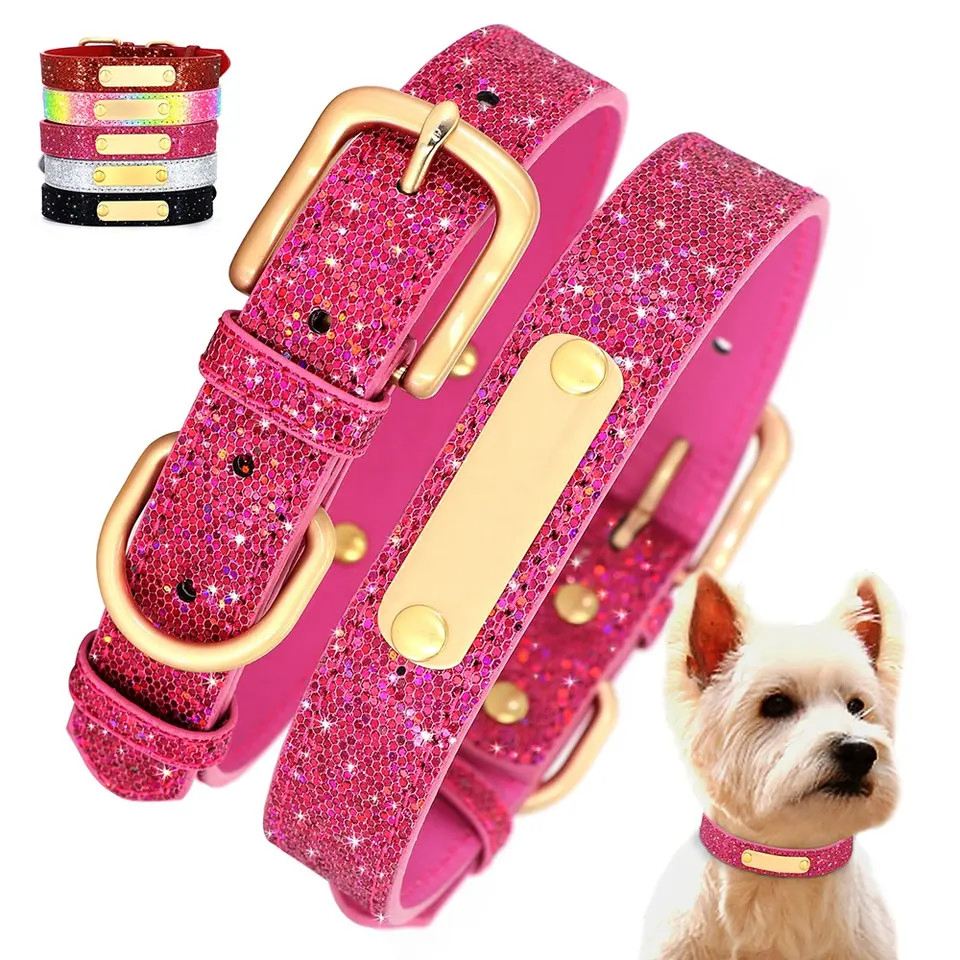 Personalised Glitter Dog Collar, PU Leather with Glitter Sequins