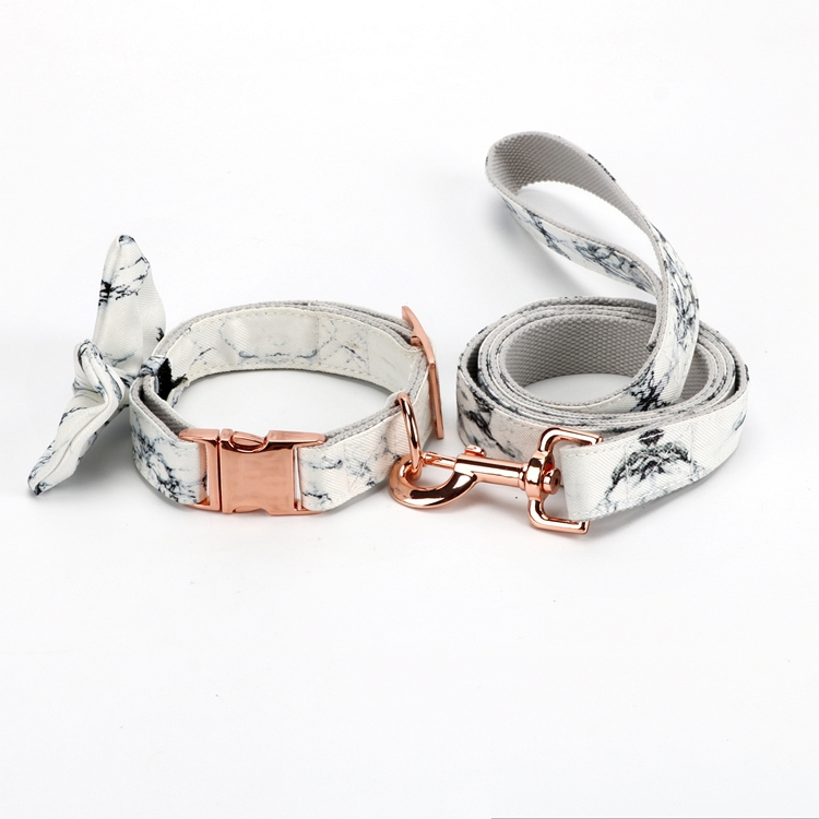 Hot Sell Cotton Gray Marble Printed Dog Collar with Rose Gold Buckle