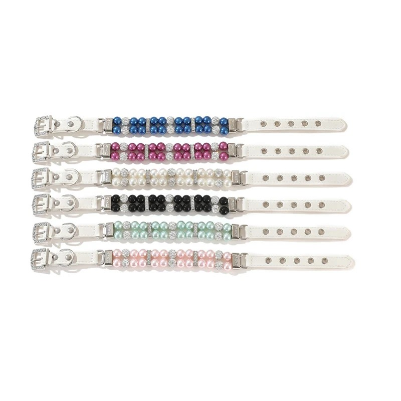 Luxury Pet Pearls Collar Leash Set 2 Rows Pearls Pet Necklace and PU Leather Pearl Leash Wire with Crystal Rhinestone Pet Dog Collar