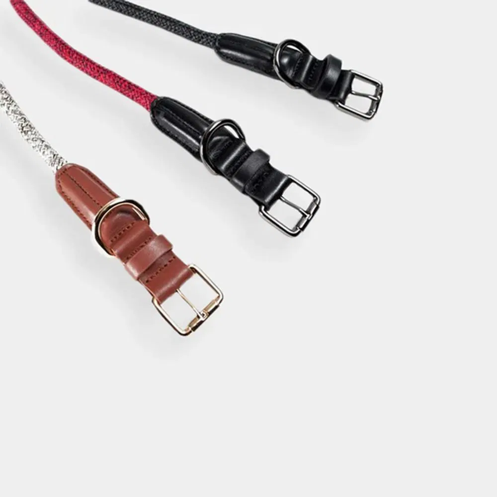New Arrival Braided Nylon Rope Dog Adjustable Collar for Different Sizes Genuine Leather Collar with Metal Buckle for Dogs