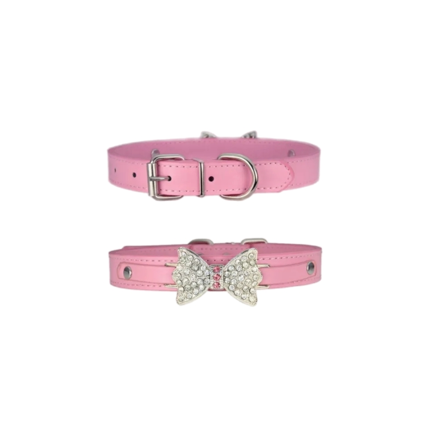 Elegant Bling Crystal Dog Collar with Stylish Leather Bow