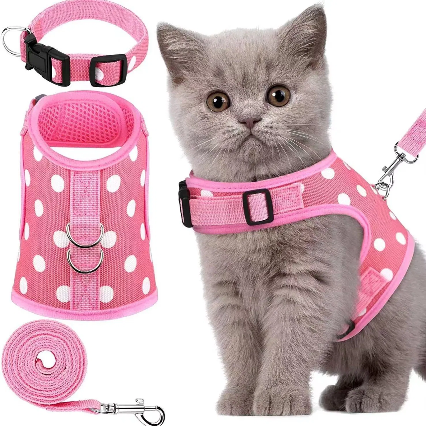 Pink Cat Harness Vest-Style Reflective Cat Harness Anti-Escape Leash Breathable Pet Carrier Bag