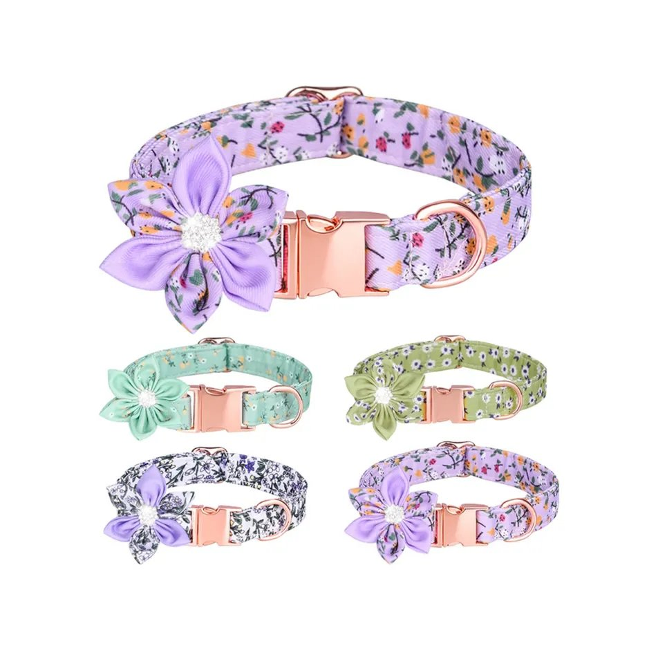 Private Label Personalized Design Floral Pet Dog Collar with Bow for Puppy Medium Dog Walking Jogging