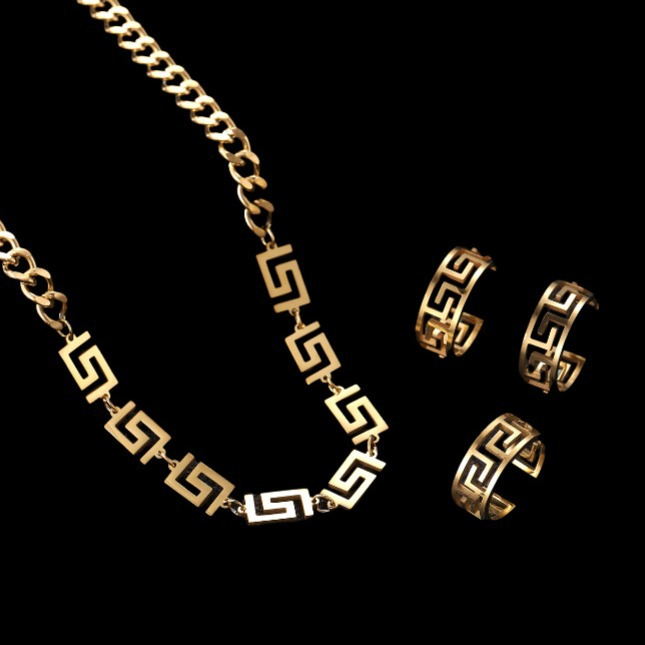 Stainless Steel Great Wall Pattern Pendant Cuban Chain Brand Jewelry Set