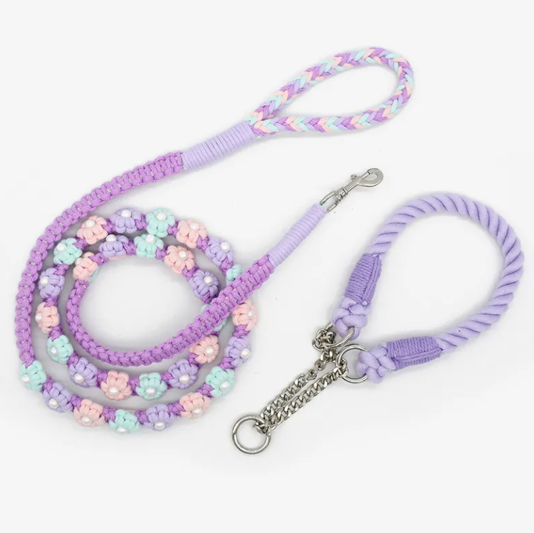 Custom Stocked Collection Handmade Daisy Flower Dog Leash Collar Eco-Friendly Rope Pet Leads Gift for Wedding Dog Macrame String