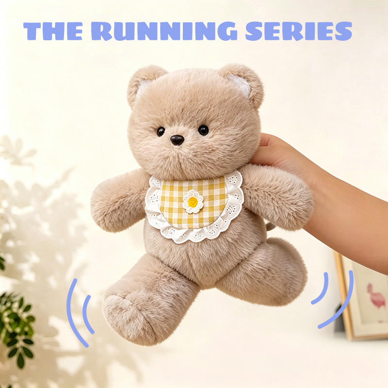 Soft Kawaii Interactive Plush Toy Running Bear with Gravity Swinging Legs and Daisy Bib, Cute Teddy Doll for Kids and Gift
