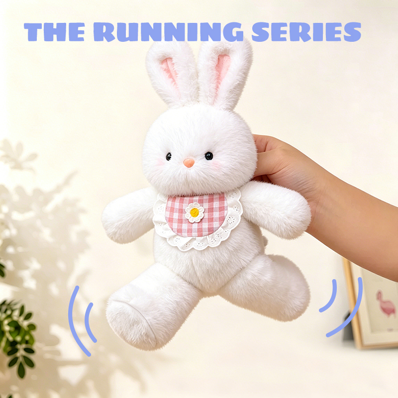 Soft Kawaii Interactive Plush Toy Running Bear with Gravity Swinging Legs and Daisy Bib, Cute Teddy Doll for Kids and Gift