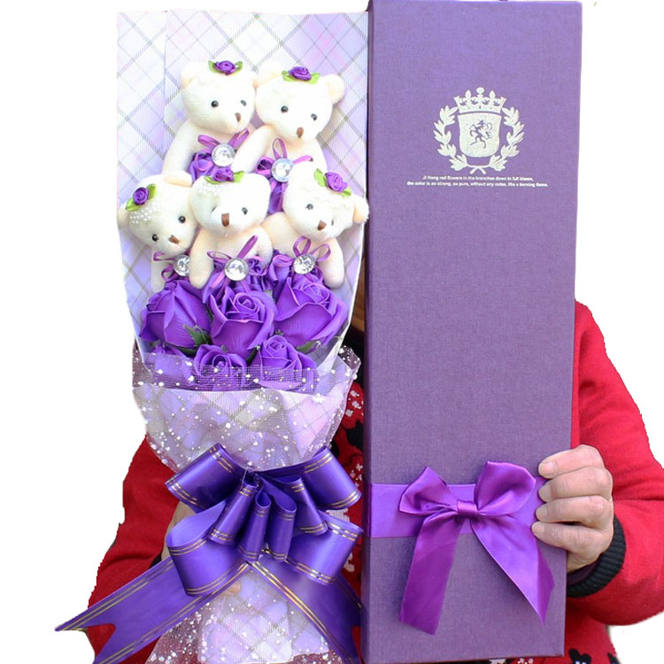Valentine Gift 5 Bears 6 Flowers Teddy Bear Doll Stuffed Toys Soap Flower Bouquet